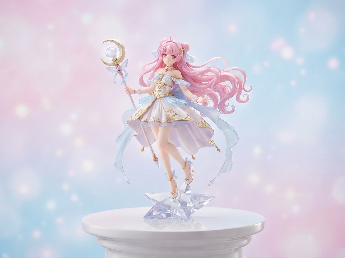 Lunaria — a 1/6 scale celestial magical-girl figure with flowing pink hair, poised on a crystal star base